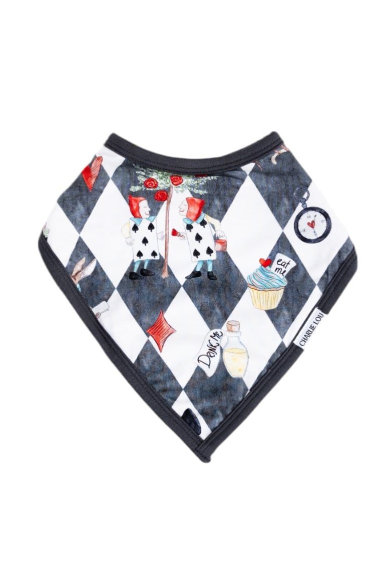 Vintage Alice in Wonderland bamboo snap bib for baby boys and girls. Gender neutral bib filled with terry cloth in Disney print.