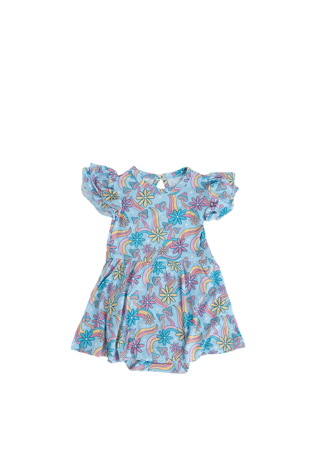 Bamboo twirl dress for baby girls and toddlers with mushrooms and florals.