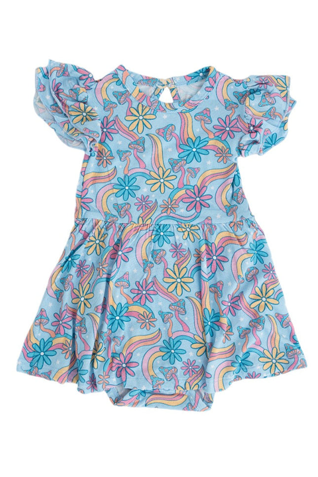 Bamboo twirl dress for baby girls and toddlers with mushrooms and florals.