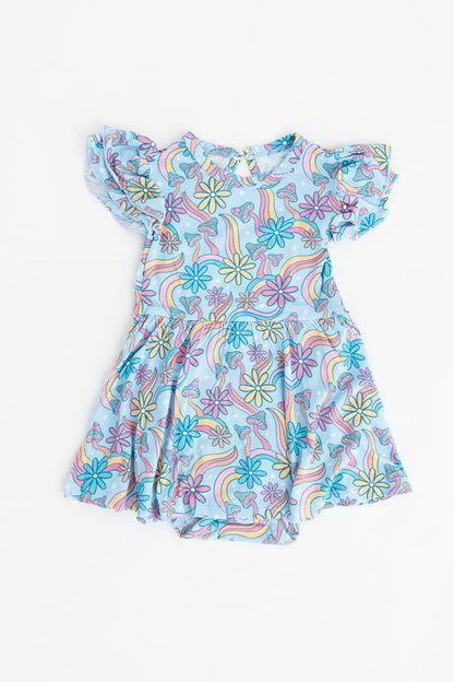 Bamboo twirl dress for baby girls and toddlers with mushrooms and florals.