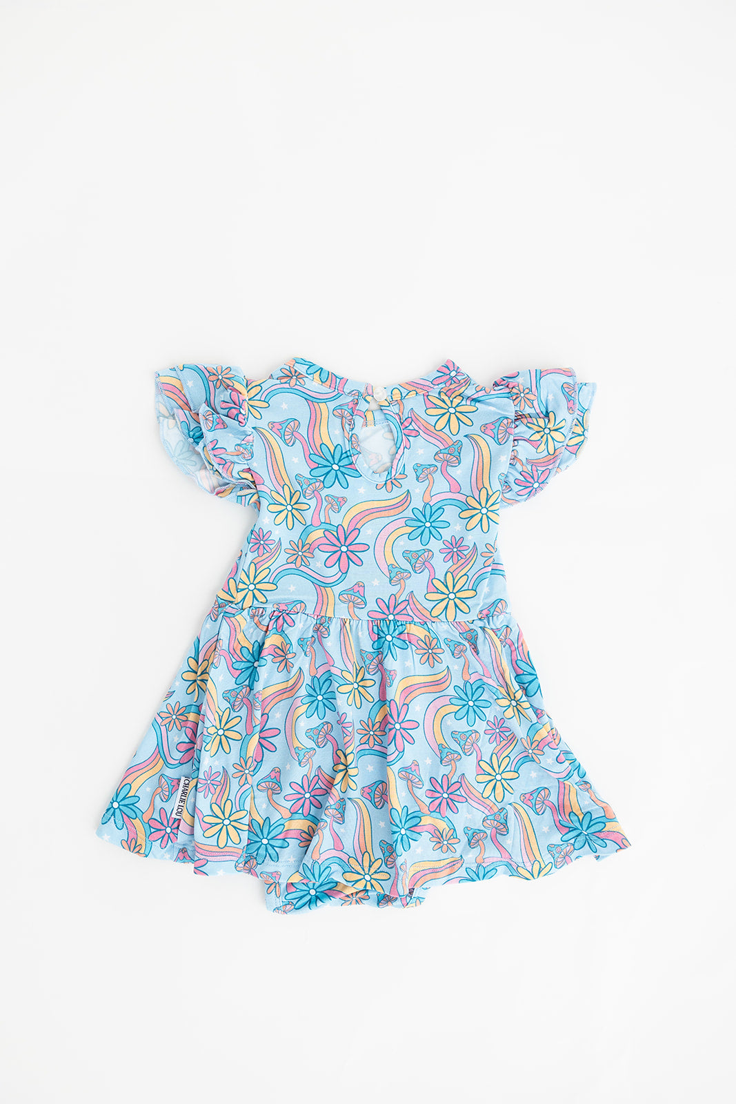 Bamboo twirl dress for baby girls and toddlers with mushrooms and florals.