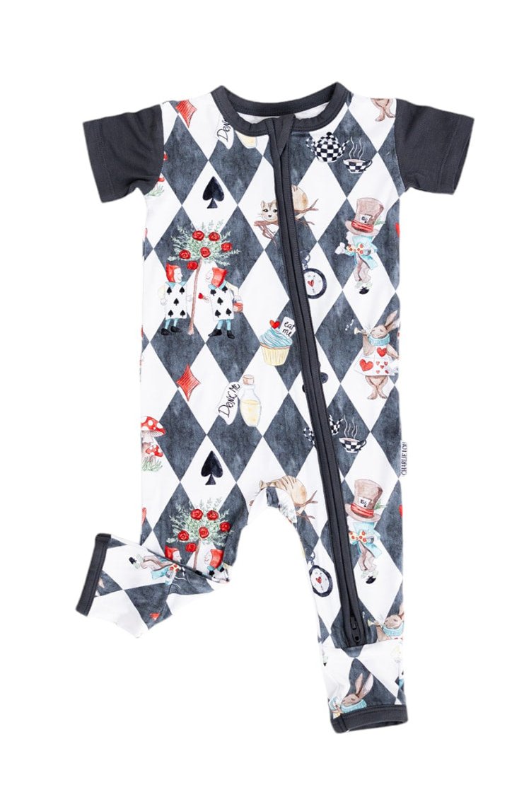 Short sleeve, double zipper romper for baby boys and girls. Gender neutral bamboo romper in Alice in Wonderland print.