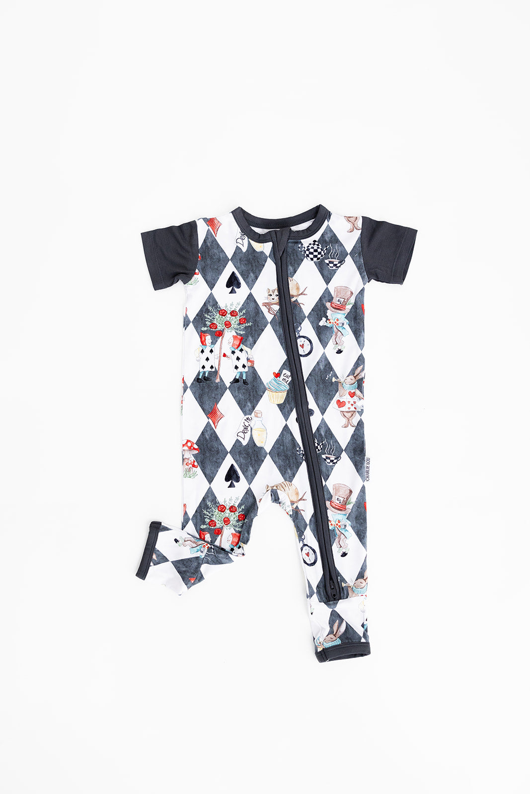 Short sleeve, double zipper romper for baby boys and girls. Gender neutral bamboo romper in Alice in Wonderland print.