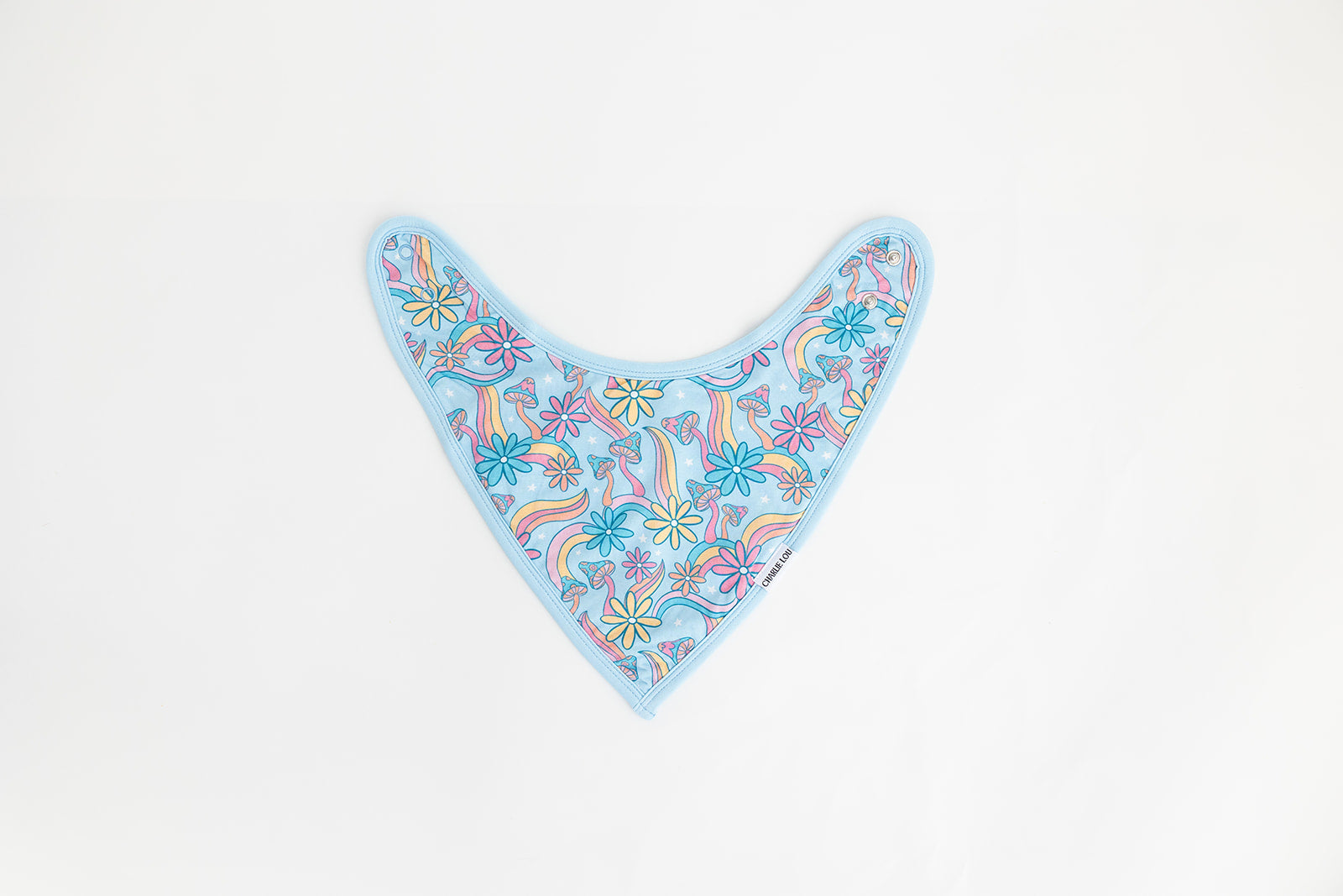 Groovy, hippie, 70’s print on a bamboo snap bib with terry cloth filling. Blue, pink and orange floral and mushroom bamboo bib for baby girls.