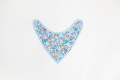 Groovy, hippie, 70’s print on a bamboo snap bib with terry cloth filling. Blue, pink and orange floral and mushroom bamboo bib for baby girls.