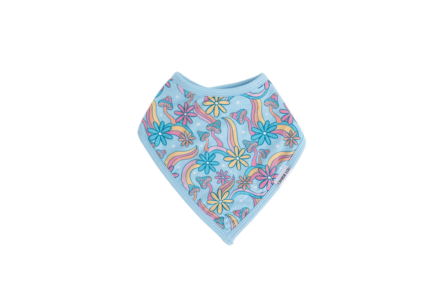 Groovy, hippie, 70’s print on a bamboo snap bib with terry cloth filling. Blue, pink and orange floral and mushroom bamboo bib for baby girls.