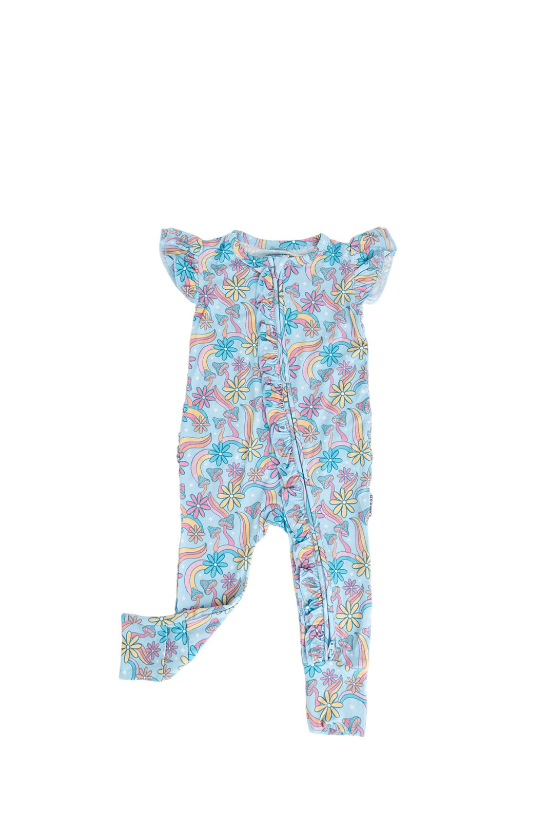 Bamboo flutter short sleeve romper in groovy, hippie, 70’s style print with florals and mushrooms for baby girl.