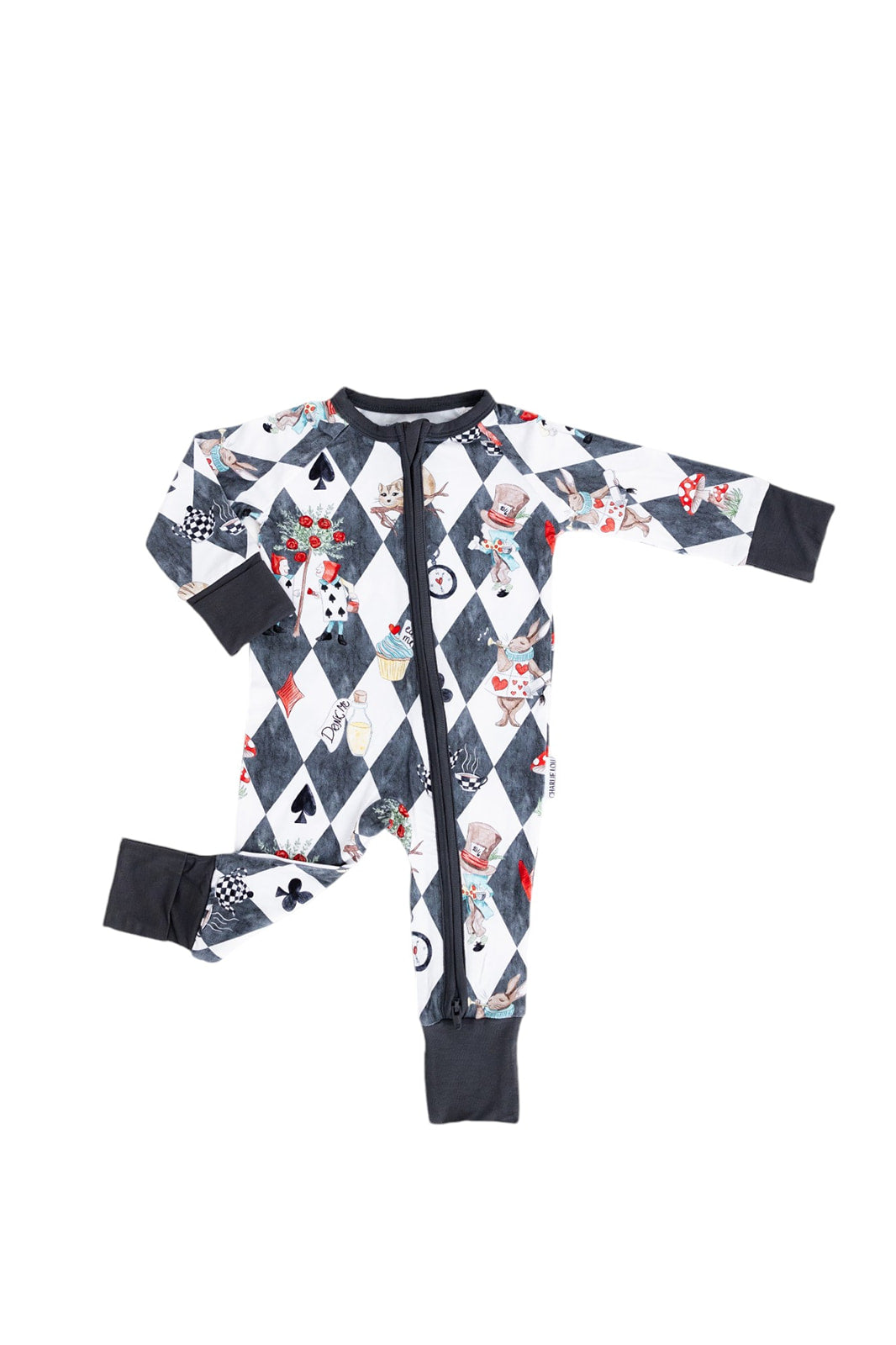 Vintage Alice in Wonderland convertible bamboo romper for baby boys and girls and gender neutral. Bamboo zippy that has UV protection, is hypoallergenic, temperature regulating and moisture wicking. 