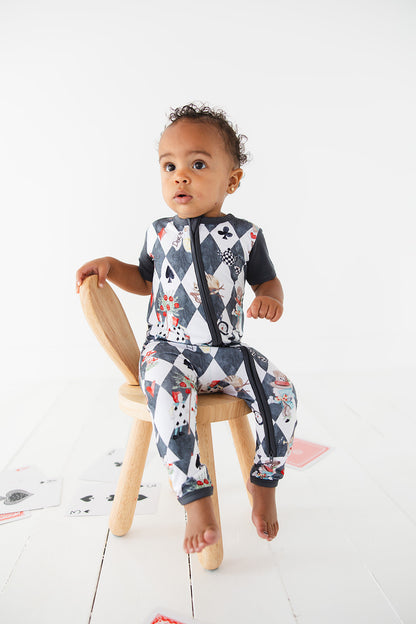 Short sleeve, double zipper romper for baby boys and girls. Gender neutral bamboo romper in Alice in Wonderland print.