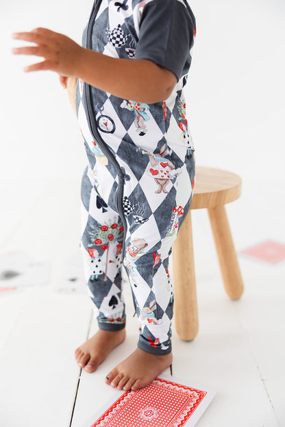 Short sleeve, double zipper romper for baby boys and girls. Gender neutral bamboo romper in Alice in Wonderland print.