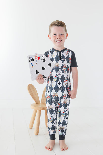 Vintage Alice in Wonderland bamboo pajama set for toddler boys and girls. Gender neutral Disney bamboo pajamas with button down collar and back pocket for summer and winter.