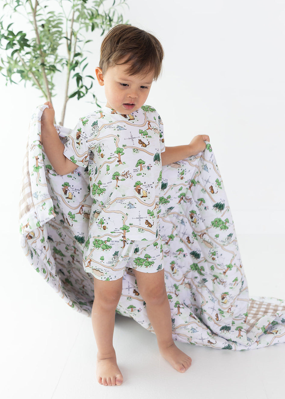 Winnie the Pooh Hundred Acre Wood bamboo shorts and shirt set.