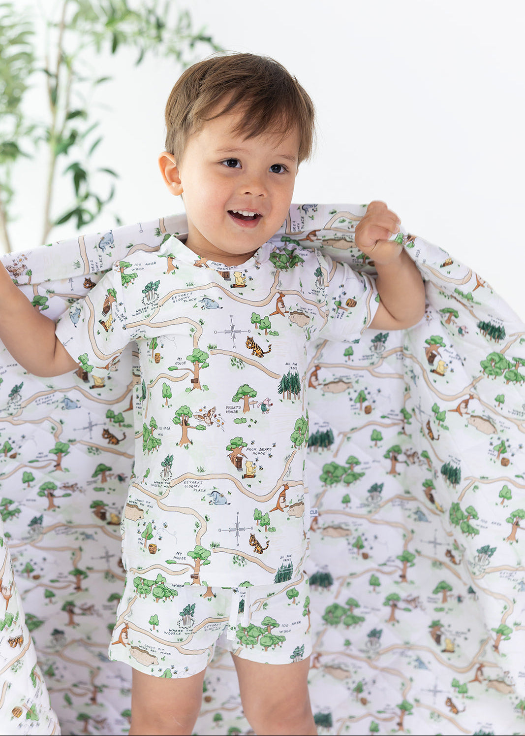 Winnie the Pooh Hundred Acre Wood bamboo shorts and shirt set.