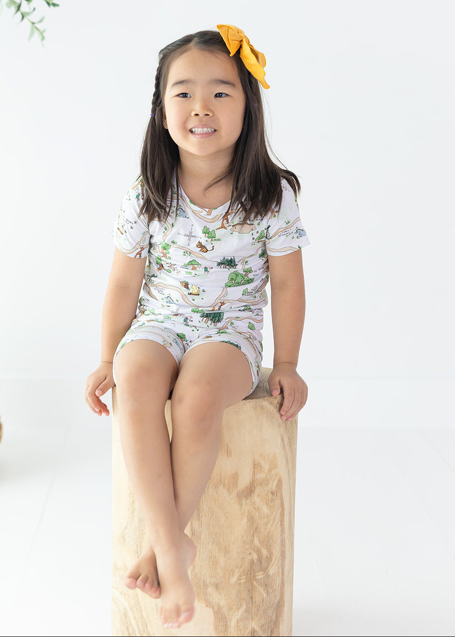 Winnie the Pooh Hundred Acre Wood bamboo biker shorts and shirt set.