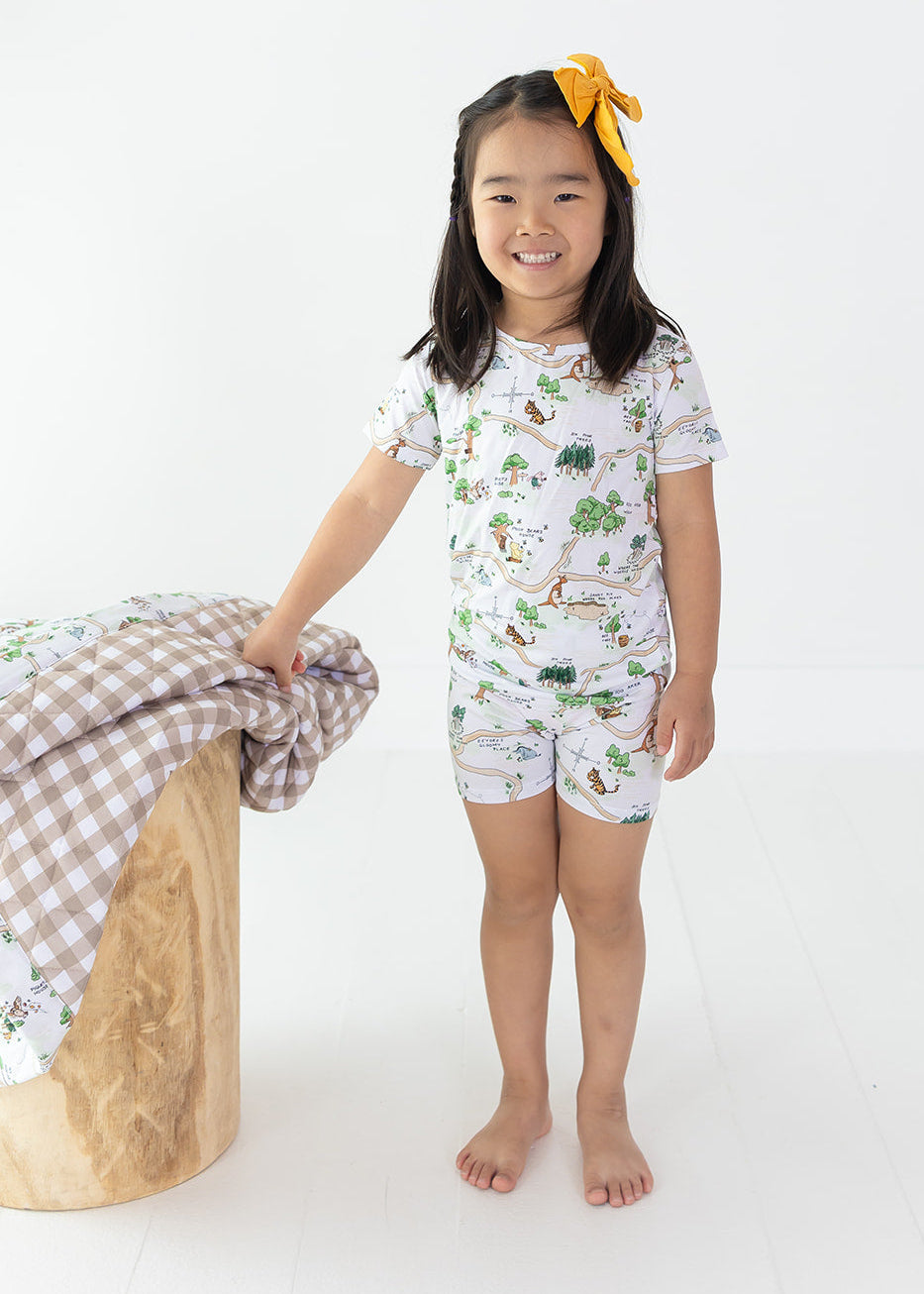 Winnie the Pooh Hundred Acre Wood bamboo biker shorts and shirt set.