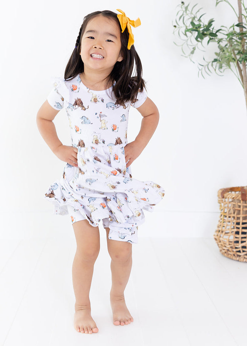 Little girl Winnie the Pooh bamboo twirl dress with matching shorts for Fall.