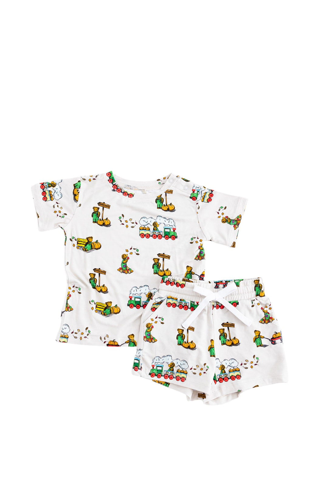 Bamboo shorts and t-shirt set for baby and toddler boys and girls with Corduroy book print.