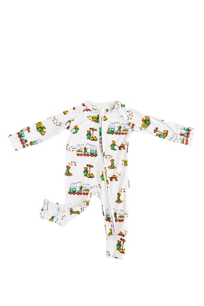 Bamboo convertible romper with hand and foot cuffs in Corduroy book print for baby boys and girls.