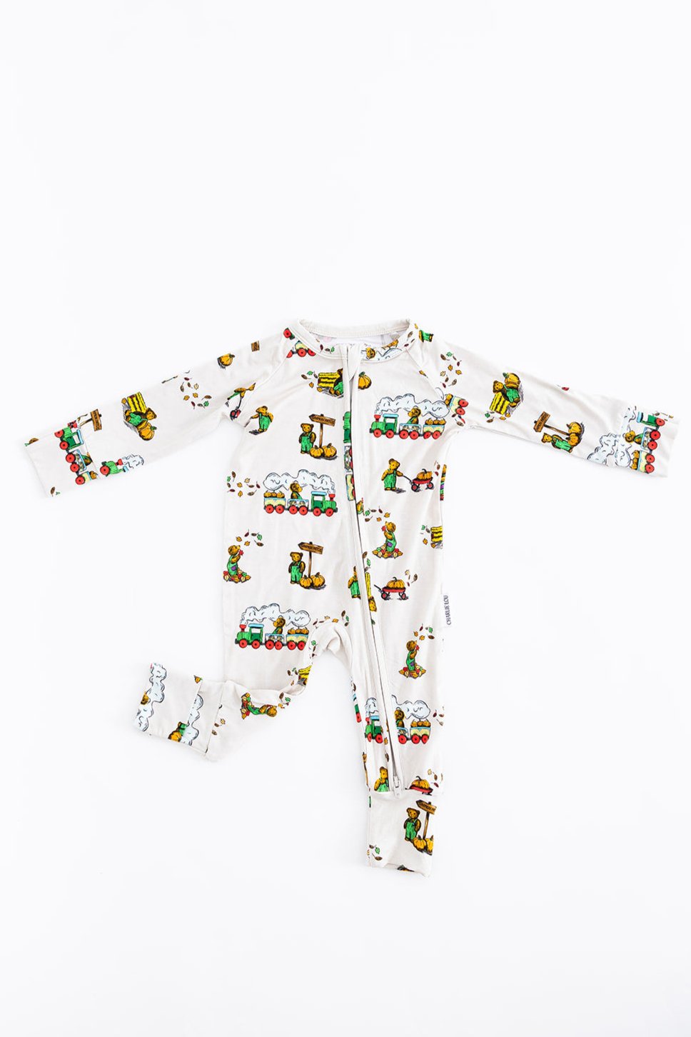 Bamboo convertible romper with hand and foot cuffs in Corduroy book print for baby boys and girls.