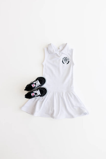 Baby girls and toddler girls white tennis dress made from bamboo with bodysuit underneath.