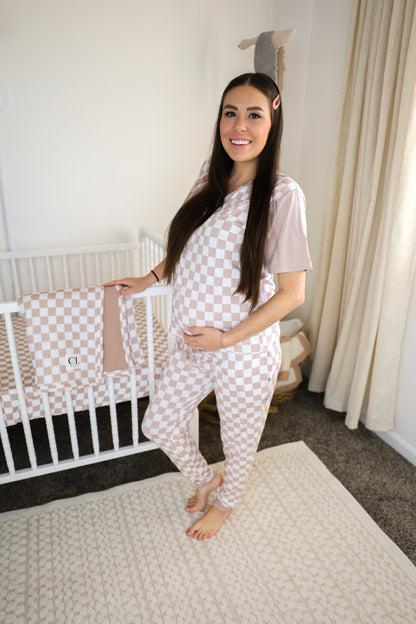 Bamboo maternity, postpartum, pregnancy and breastfeeding accessible women's pajamas set in neutral, beige checkered.