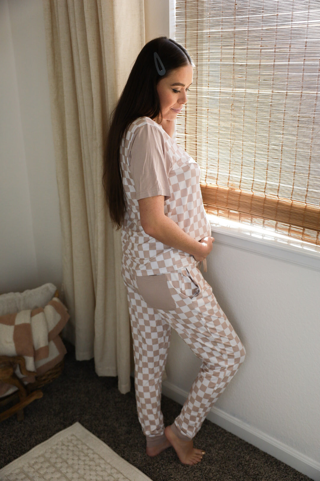 Bamboo maternity, postpartum, pregnancy and breastfeeding accessible women's pajamas set in neutral, beige checkered.