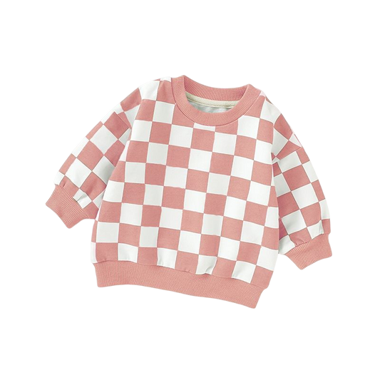 Pink checkered organic cotton sweater for babies and toddlers, both boys and girls.