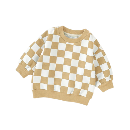 Yellow checkered organic cotton sweater for baby and toddler boys and girls.