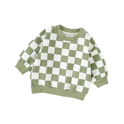 Green checkered organic cotton sweater for baby and toddler boys and girls.