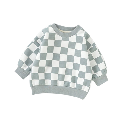 Blue checkered organic cotton sweater for baby and toddler boys and girls.