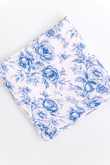 Blue floral toile bamboo swaddle for baby girl.