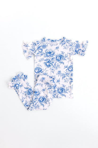 Blue floral toile pajamas with ruffles for baby or toddler girl. Two piece pajama set.