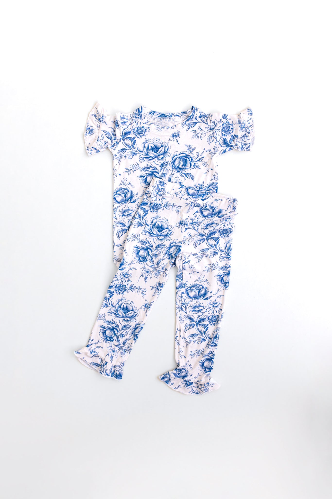 Blue floral toile pajamas with ruffles for baby or toddler girl. Two piece pajama set.