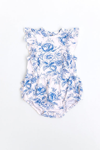 Blue toile bubble ruffle bodysuit in bamboo fabric for baby girls.