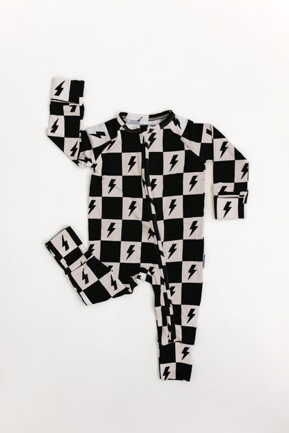 Checkered lightning bolt convertible romper made of bamboo for baby boy or baby girl with double zipper.