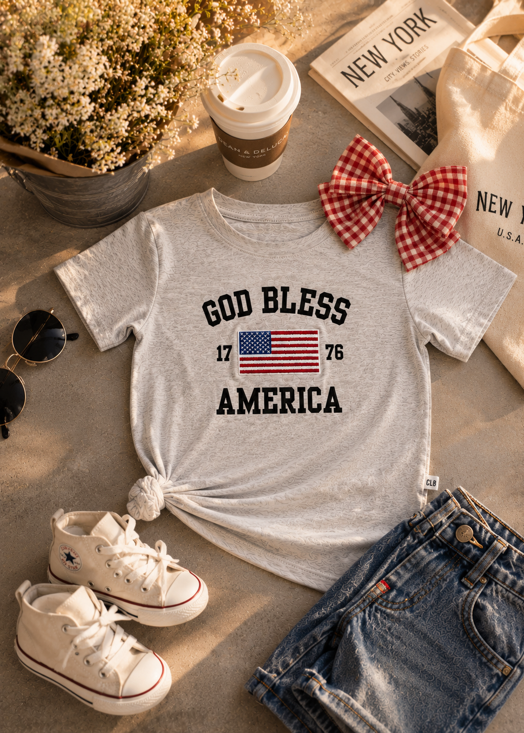God Bless America 4th of July organic cotton embroidered t-shirt for baby, toddler, and little kids.