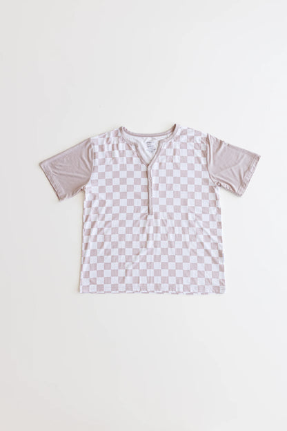 Bamboo maternity, postpartum, pregnancy and breastfeeding accessible women's pajamas set in neutral, beige checkered.