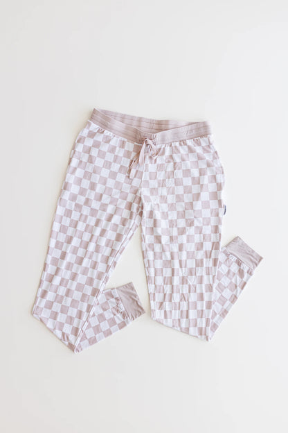 Bamboo maternity, postpartum, pregnancy and breastfeeding accessible women's pajamas set in neutral, beige checkered.