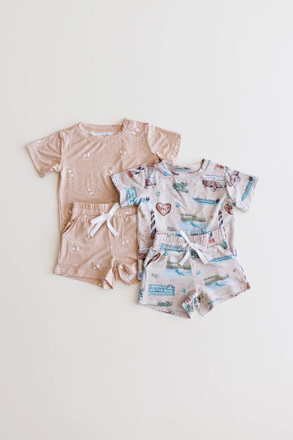 Bamboo shortie set with pockets, drawstring and shoulder snaps for boys and girls in Outer Banks OBX print.