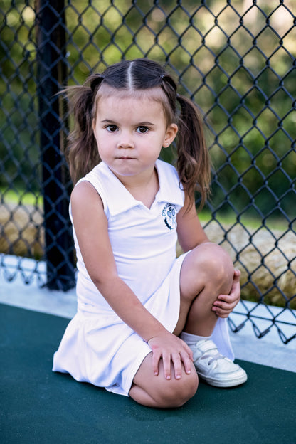 Baby girls and toddler girls white tennis dress made from bamboo with bodysuit underneath.