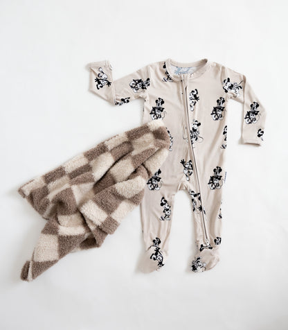 Disney Mickey Mouse and Minnie Mouse bamboo baby footie with double zippers and have cuffs in gender neutral style with checkered blanket.