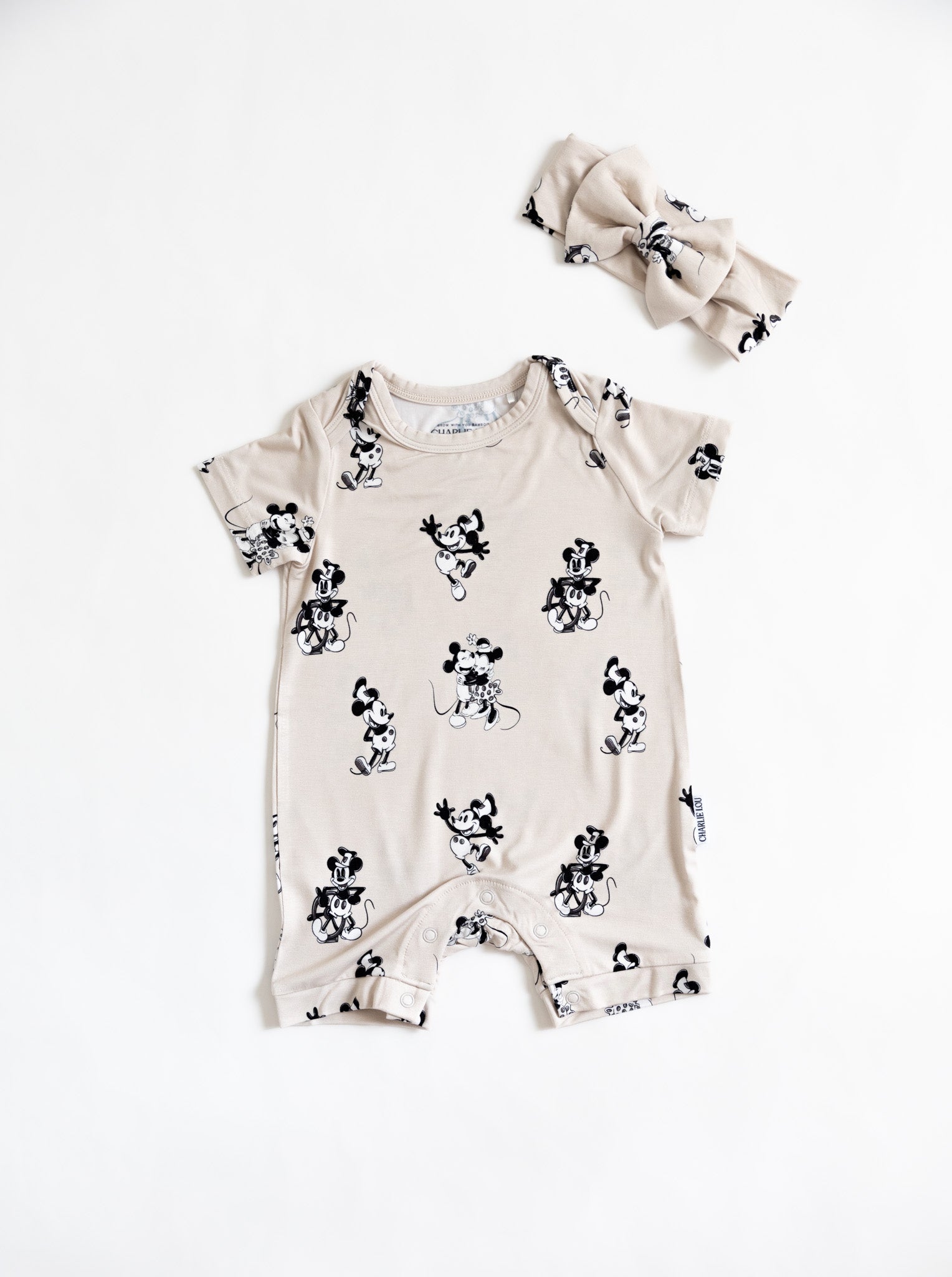 Minnie and Mickey Mouse Disney Bamboo Shortie Romper for toddler and baby boys and girls with bamboo bow.