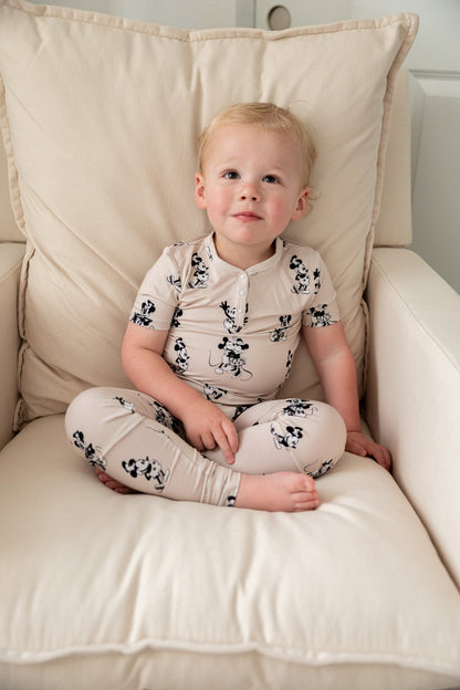 Gender neutral mickey mouse and minnie mouse bamboo pajama set for baby and toddler boys and girls.