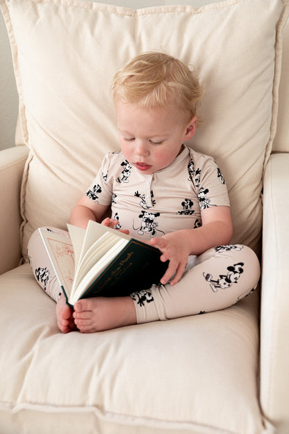 Gender neutral mickey mouse and minnie mouse bamboo pajama set for baby and toddler boys and girls.