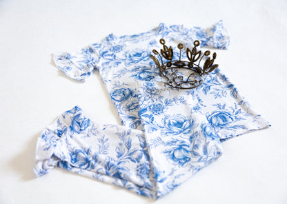 Blue floral toile pajamas with ruffles for baby or toddler girl. Two piece pajama set.