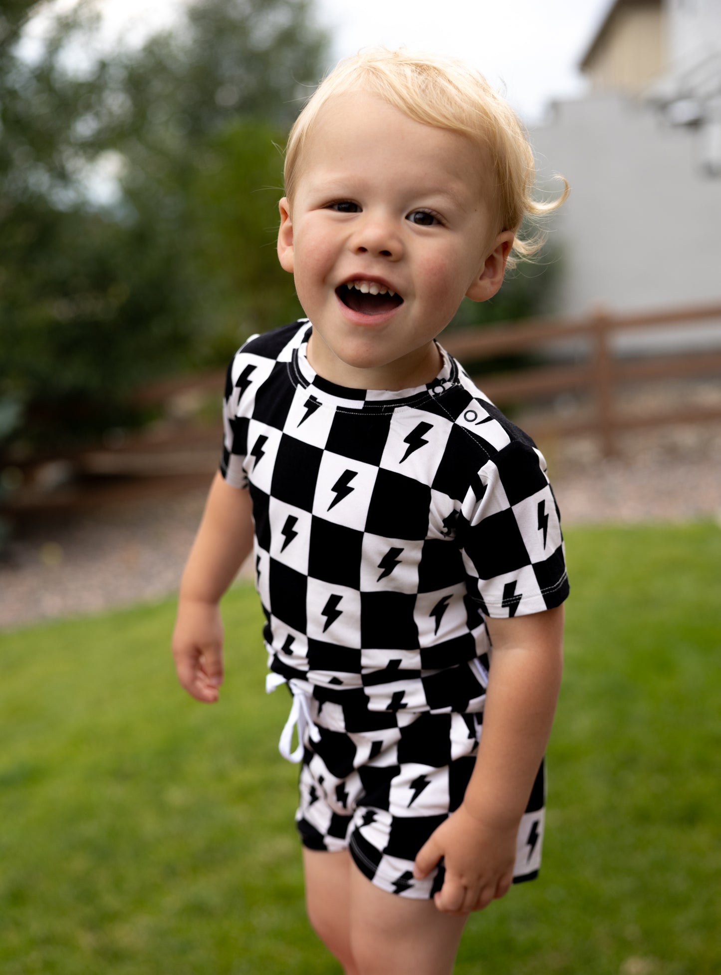 Bamboo daywear set for boys and has a checkered and lightning bolt print.