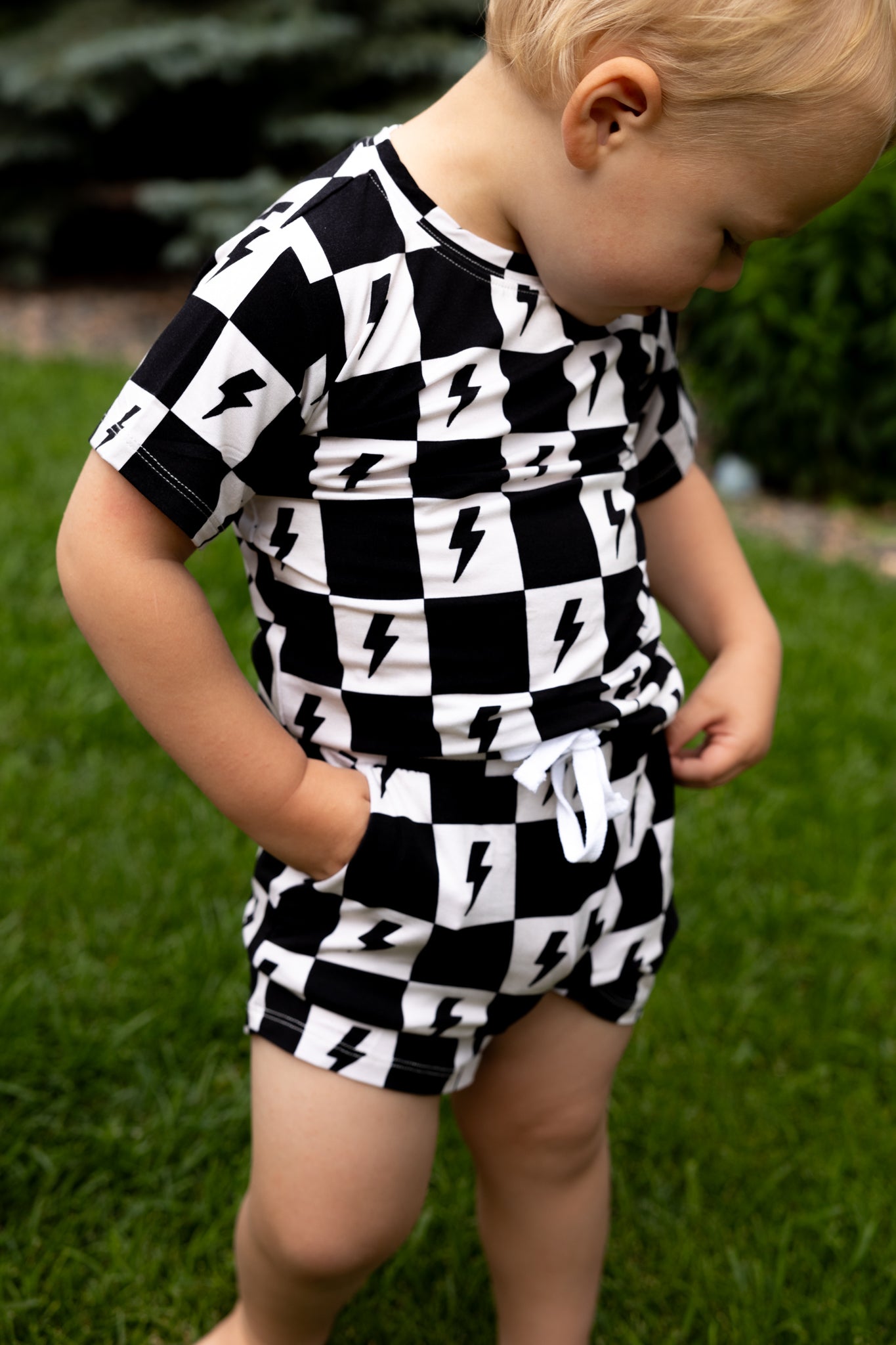 Bamboo daywear set for boys and has a checkered and lightning bolt print.