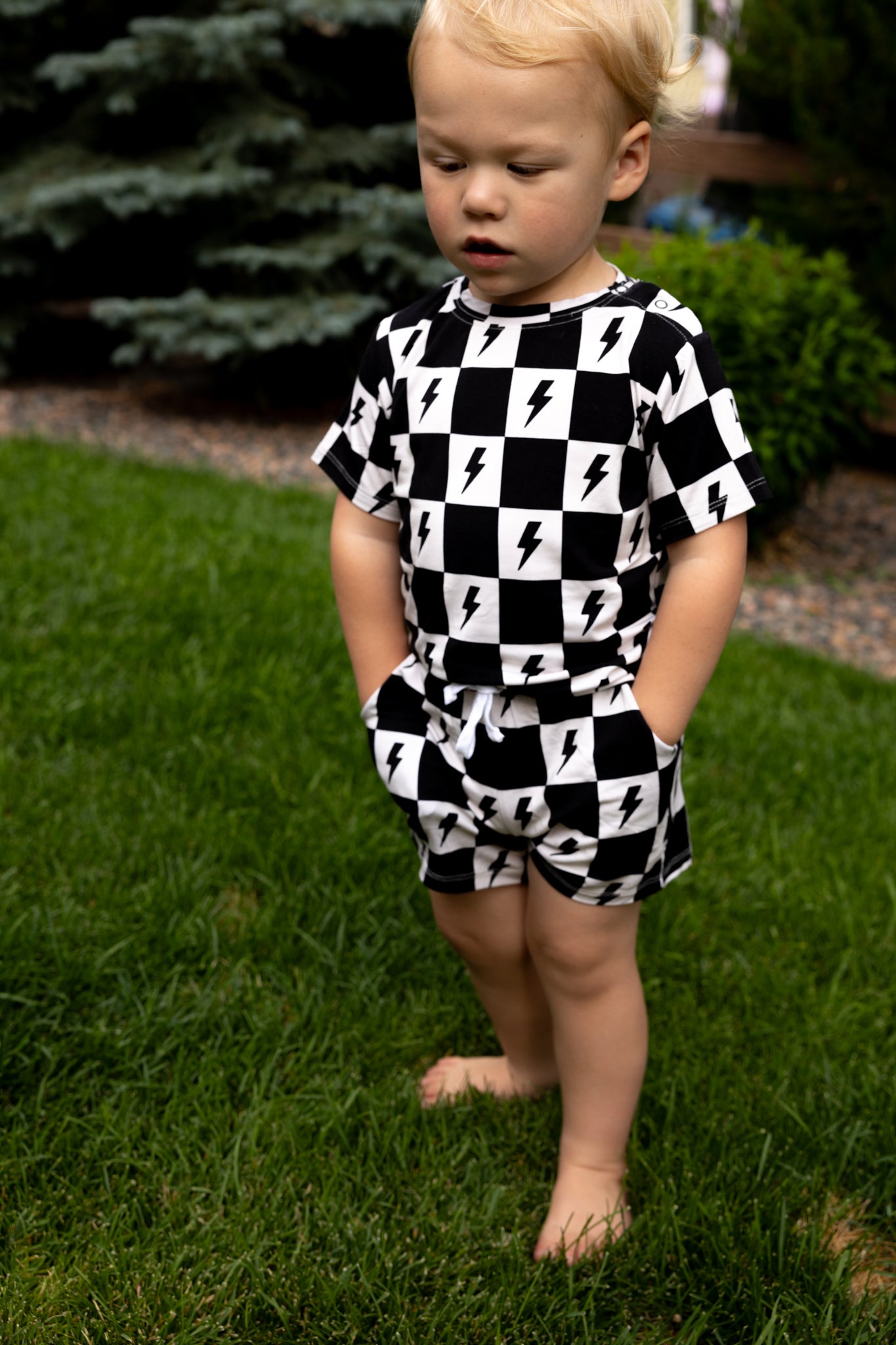 Bamboo daywear set for boys and has a checkered and lightning bolt print.