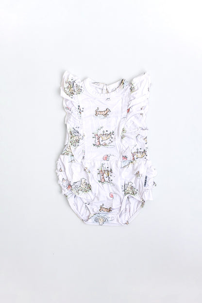 Winnie the Pooh bamboo baby bodysuit with Eeyore, Piglet and Pooh Bear in a ruffle bubble style.