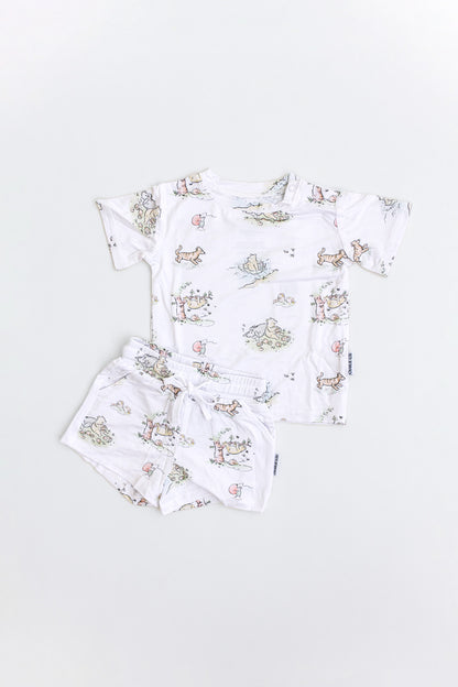 Winnie the Pooh bamboo short set with pockets and drawstring and shoulder snaps for baby and toddler boys and girls.